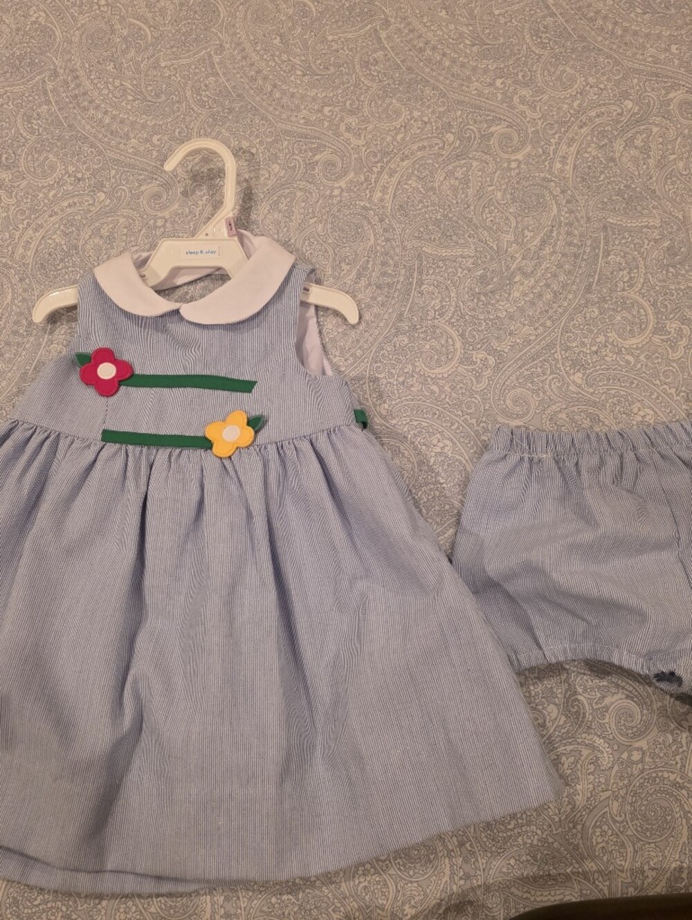 Florence Eiseman Light Blue Striped Dress with Floral Appliqués and Bloomer